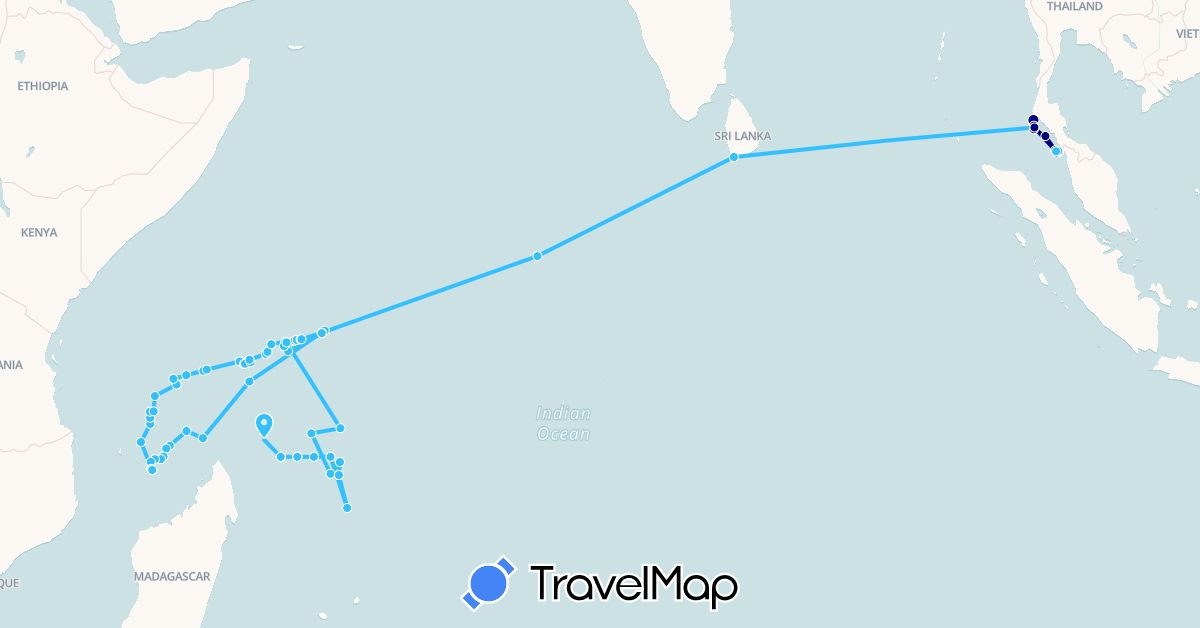 TravelMap itinerary: driving, boat in Sri Lanka, Mauritius, Malaysia, Seychelles, Thailand, Mayotte (Africa, Asia)